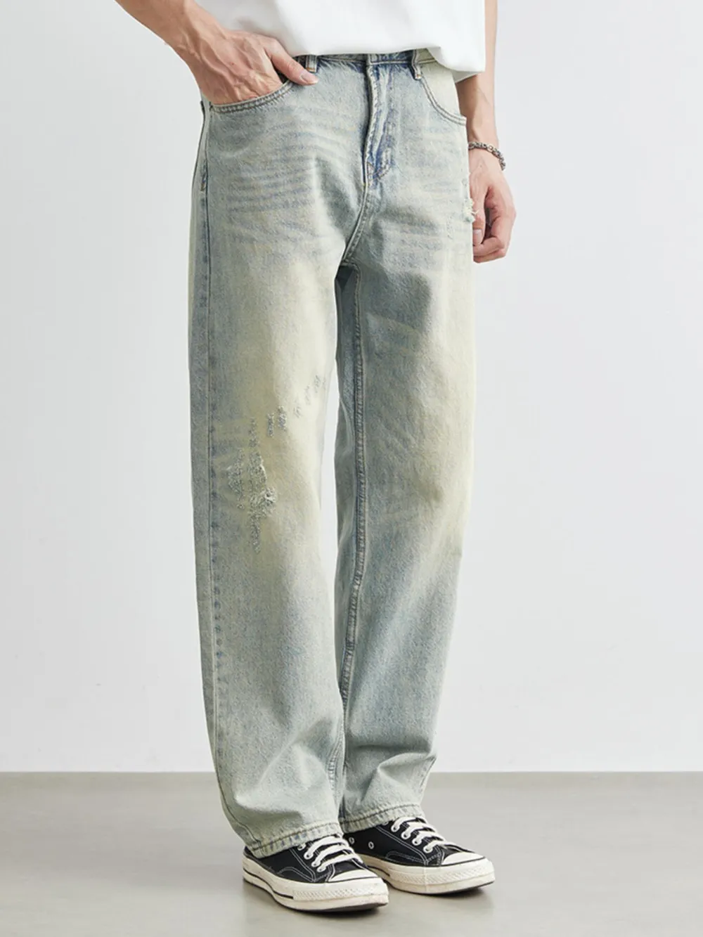 Men's Distressed Wash Wide Leg Jeans, image 5