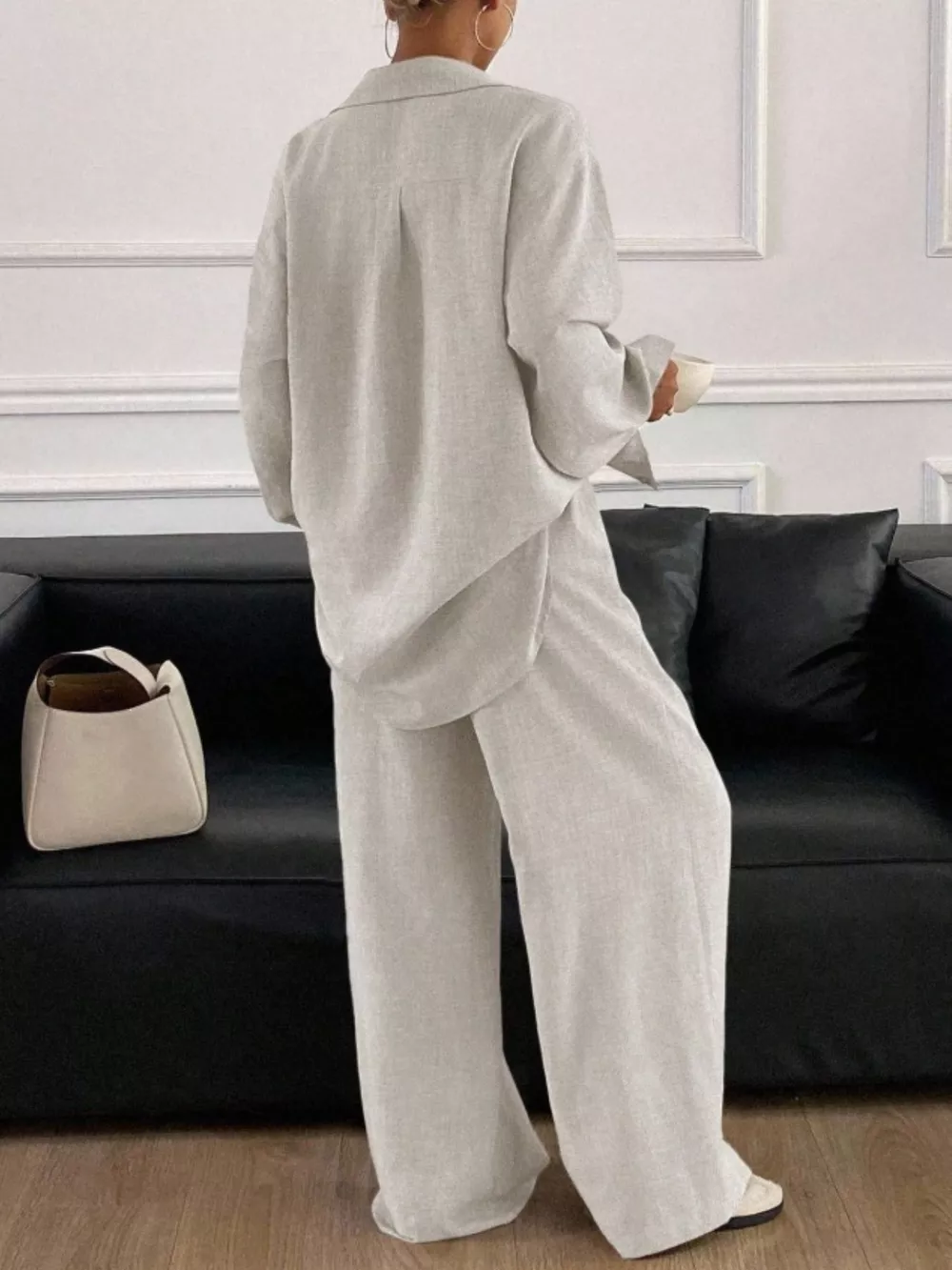 Button Up Long Sleeve Shirt and Wide Leg Pants Set, image 4