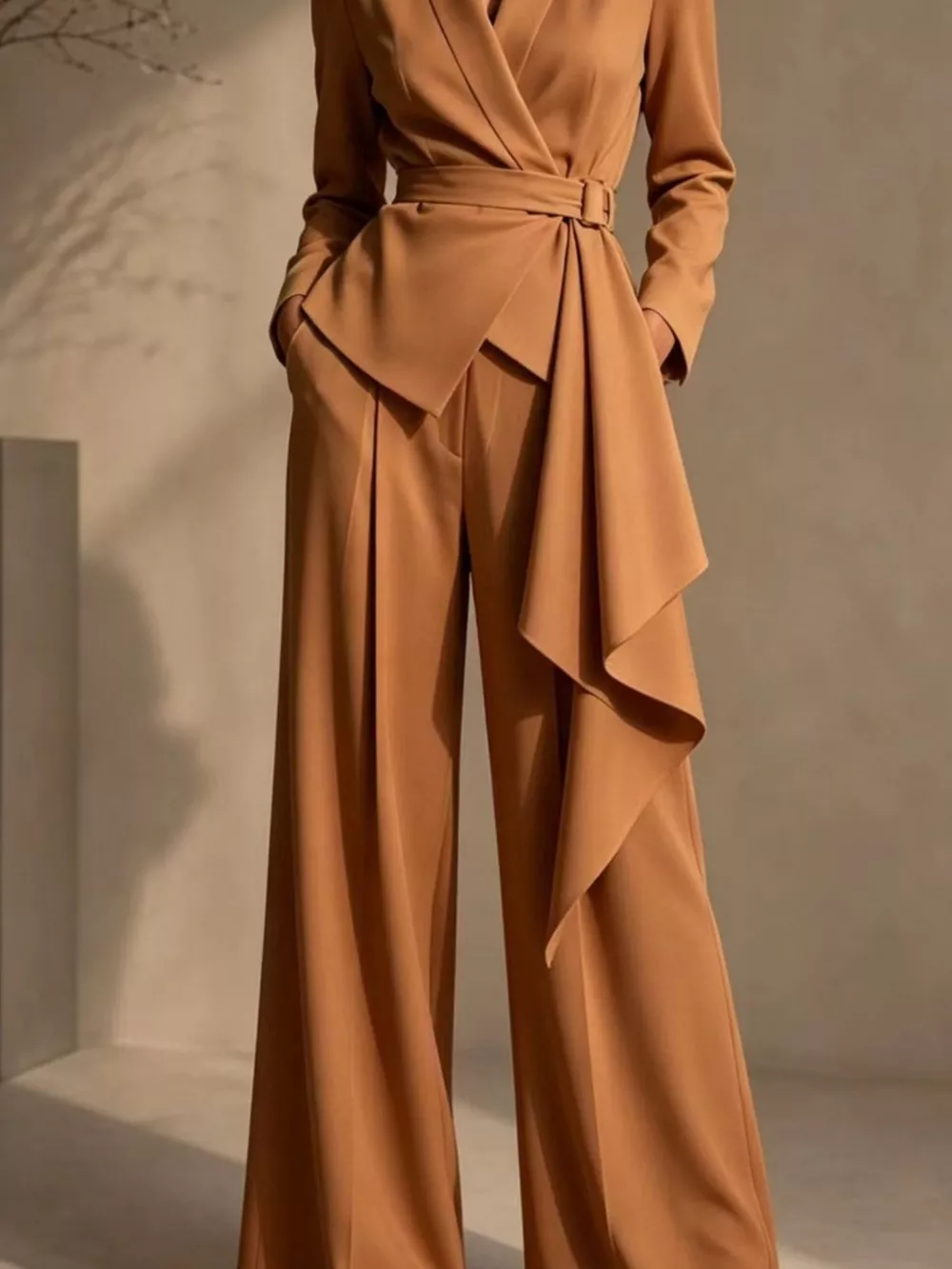 Full Size Belted Blazer and Wide-Leg Pants Set Plus Size, image 4