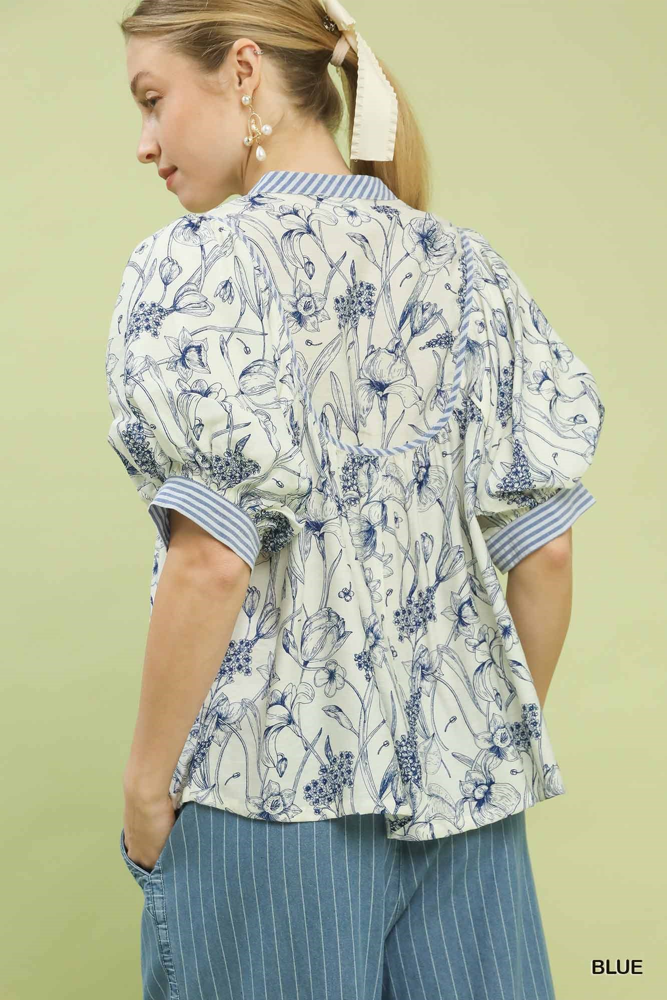 Mixed Print Puff Sleeve Split Neck Top, image 3