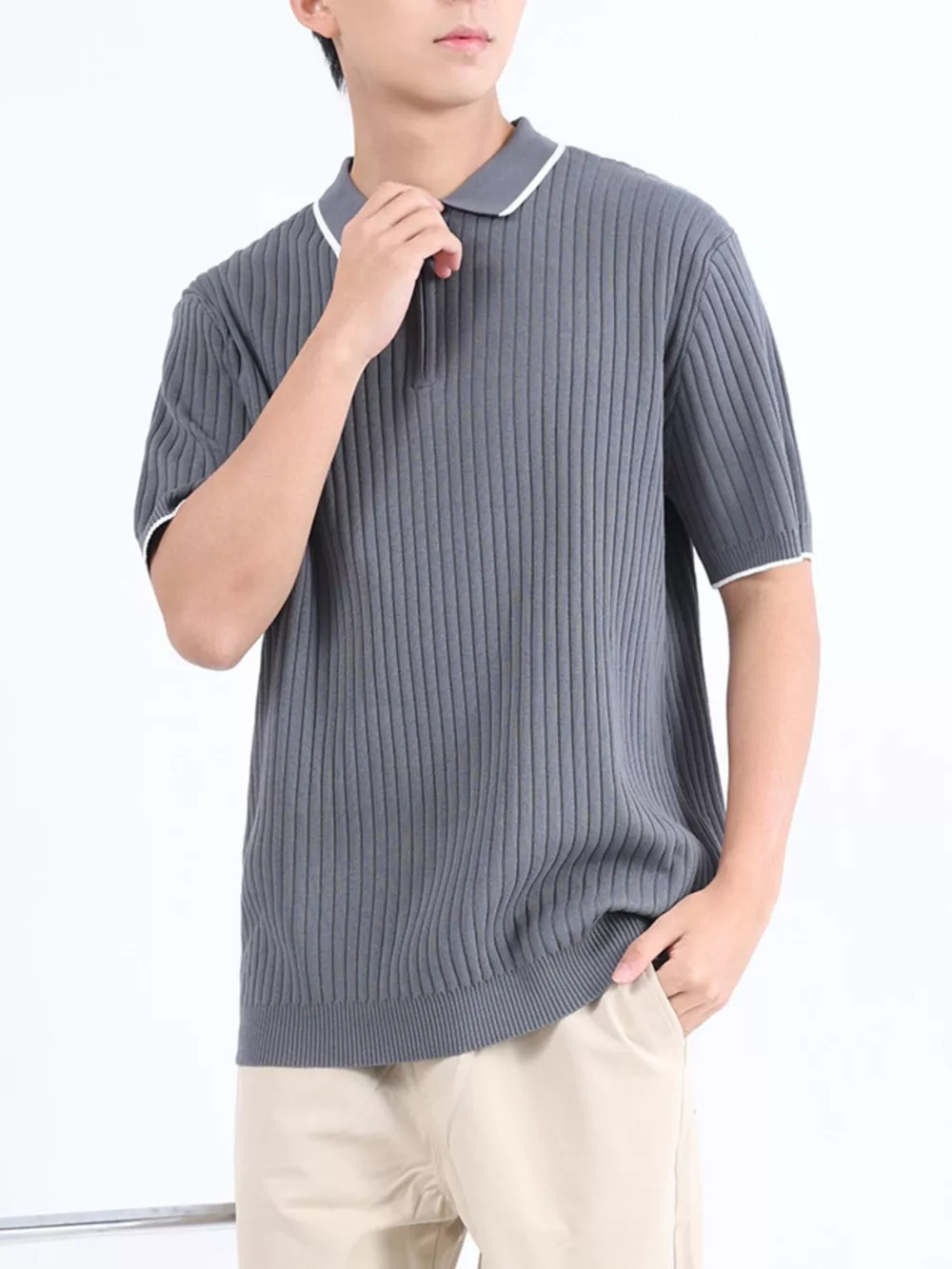 Men's Plus Size Ribbed Knit Zip-Up Polo, image 6