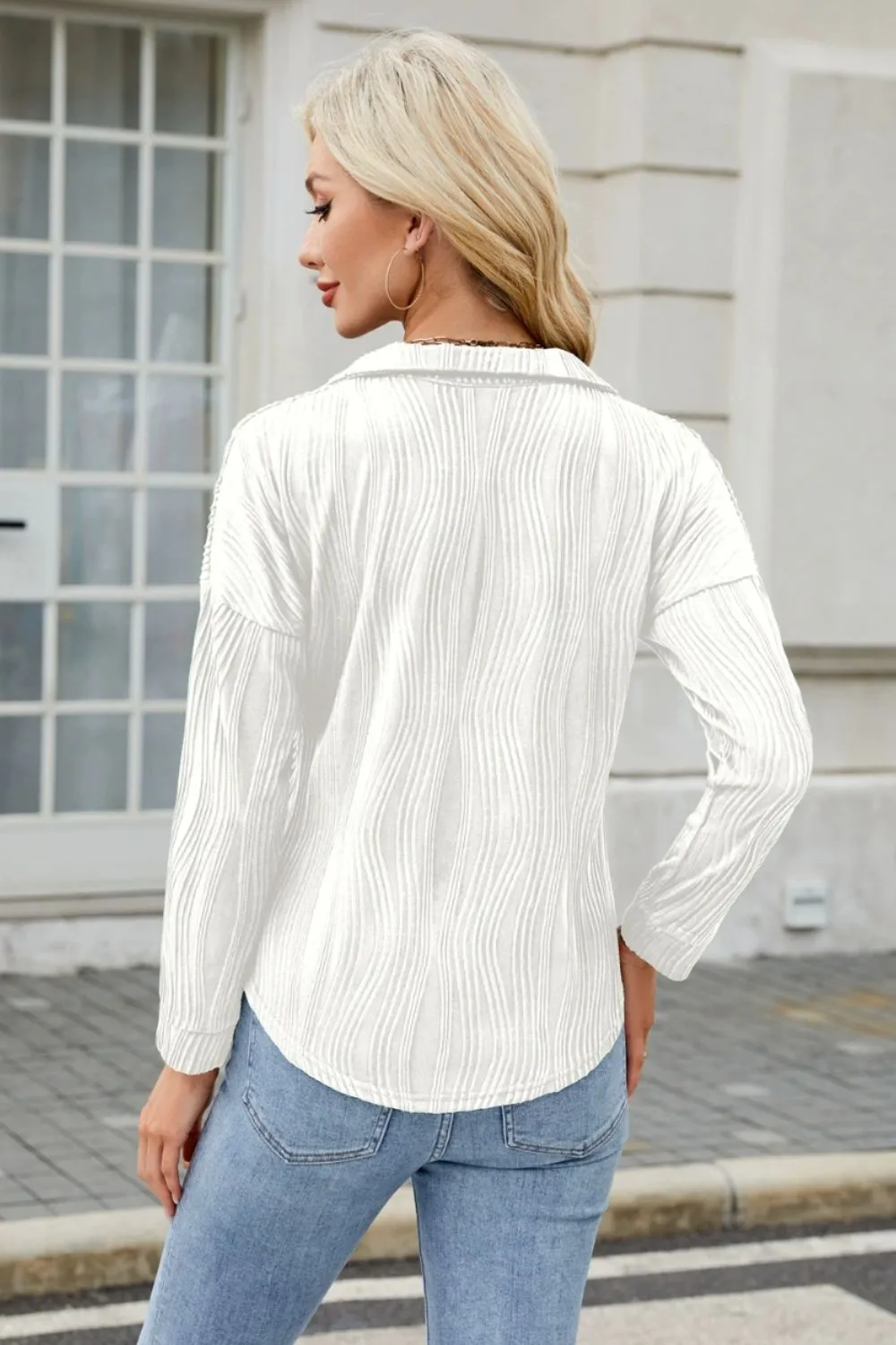 Texture Collared Neck Long Sleeve Blouse, image 9