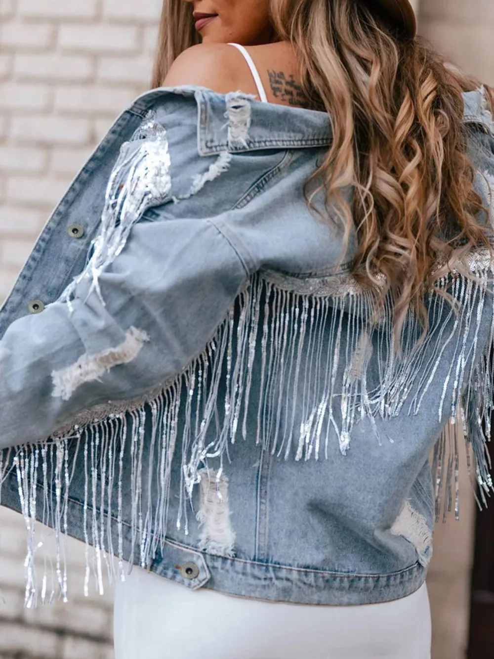 Fringed Sequin Embellished Denim Jacket, image 4