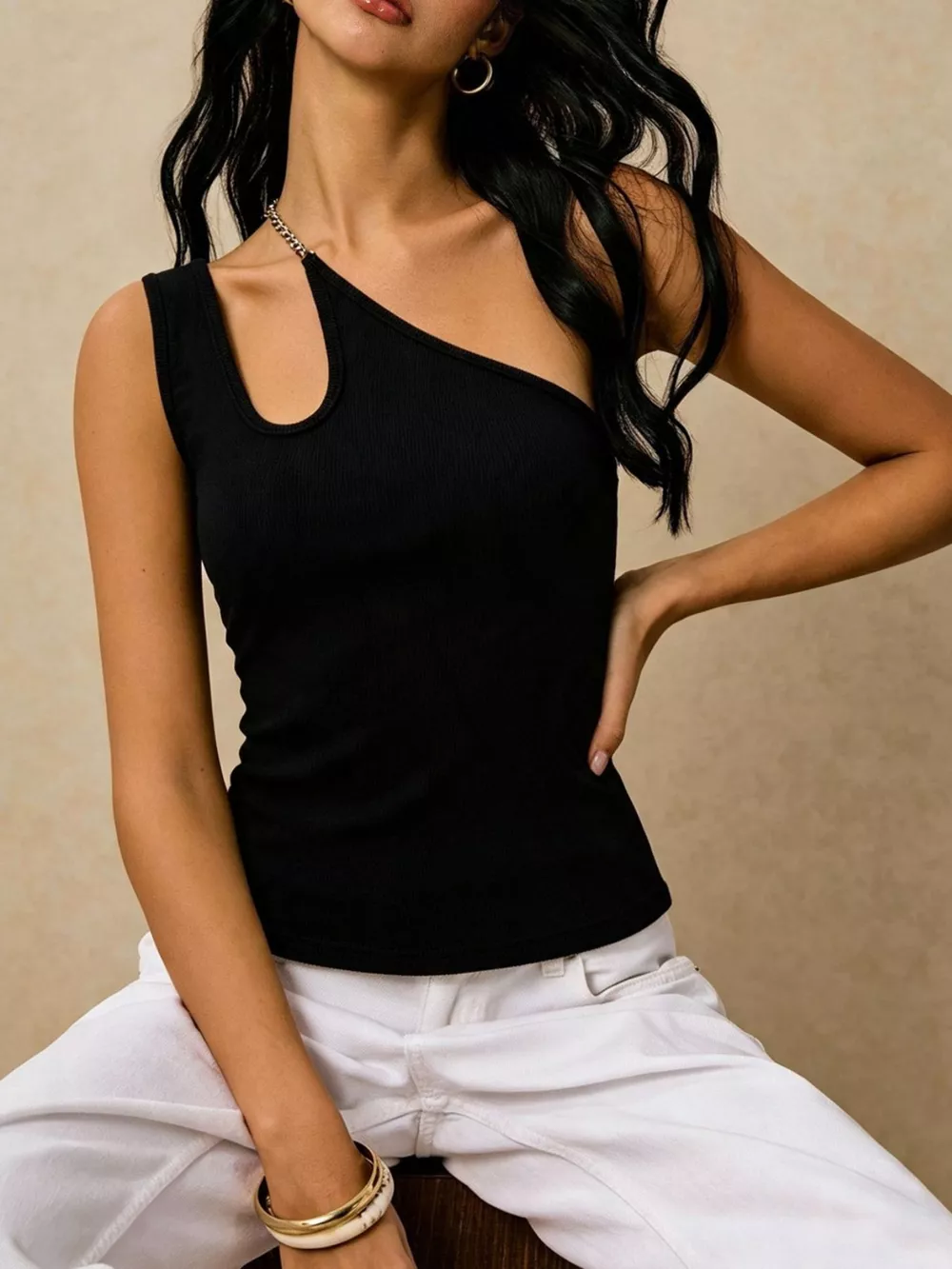 Cutout Asymmetrical Chain Strap Ribbed Tank, image 3