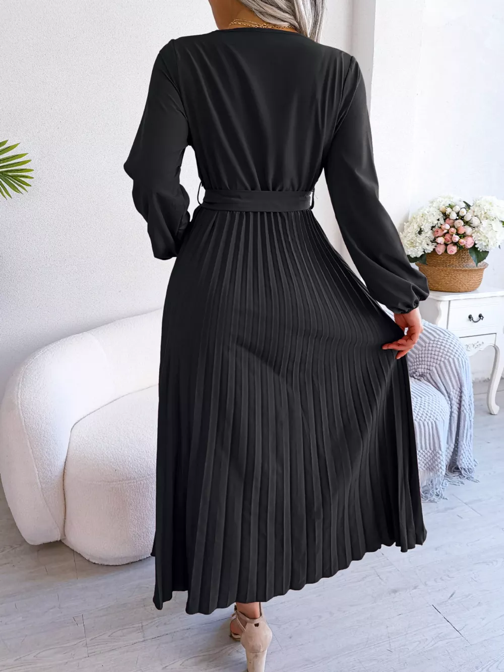 Elegant Pleated Front Tie Long Sleeve Dress, image 4