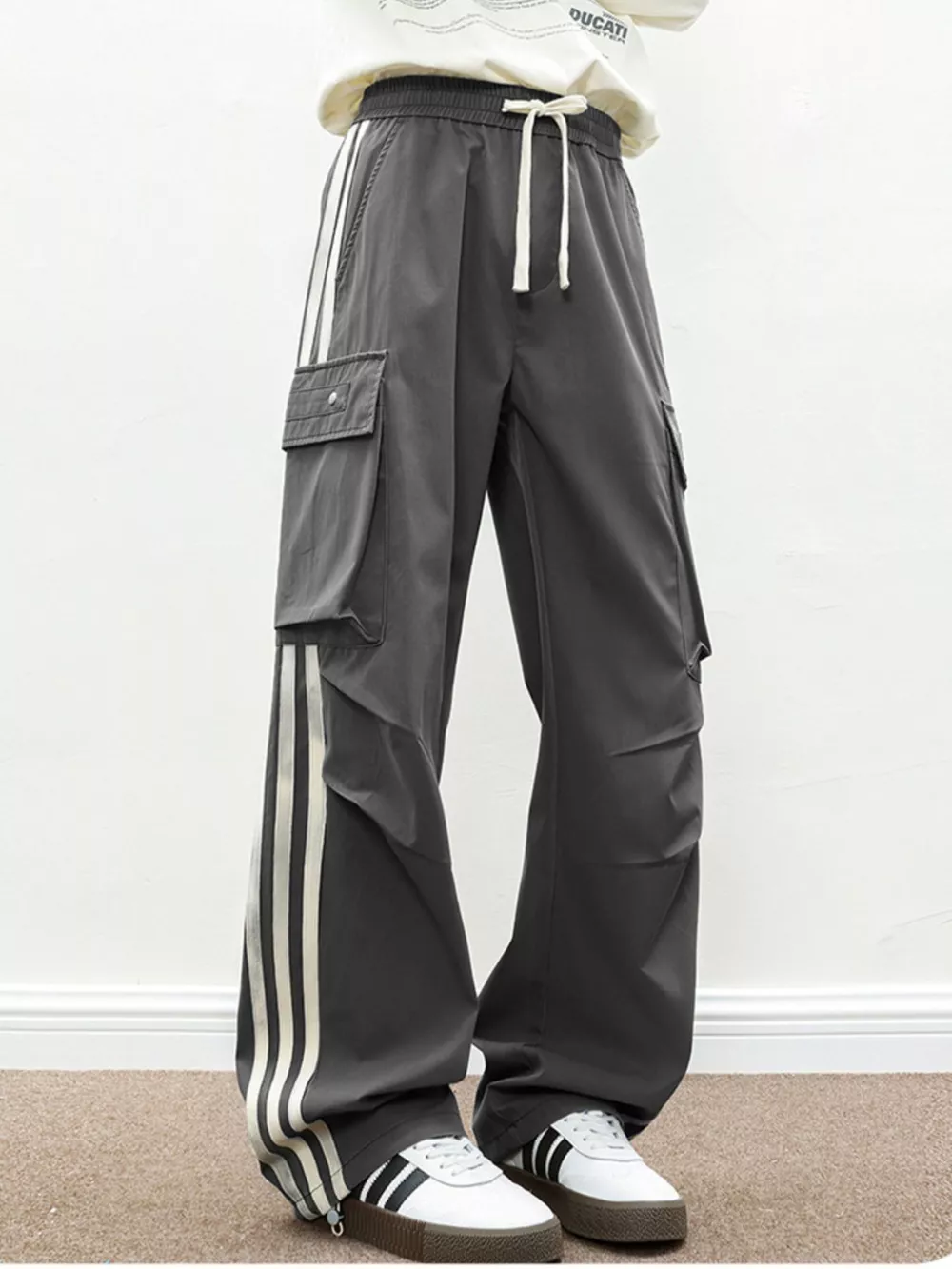 Men's Plus Size Casual Loose Cargo Pants with Side Stripes, image 5