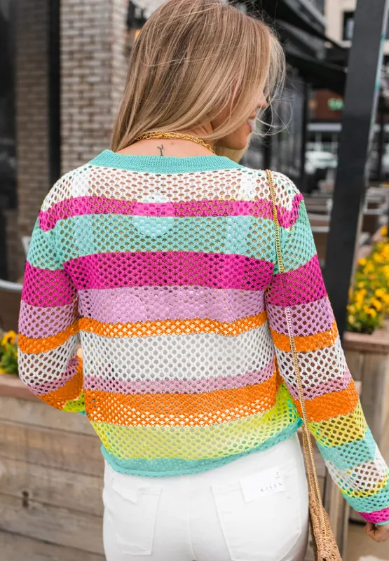 Openwork Contrast Striped Round Neck Knit Top, image 6