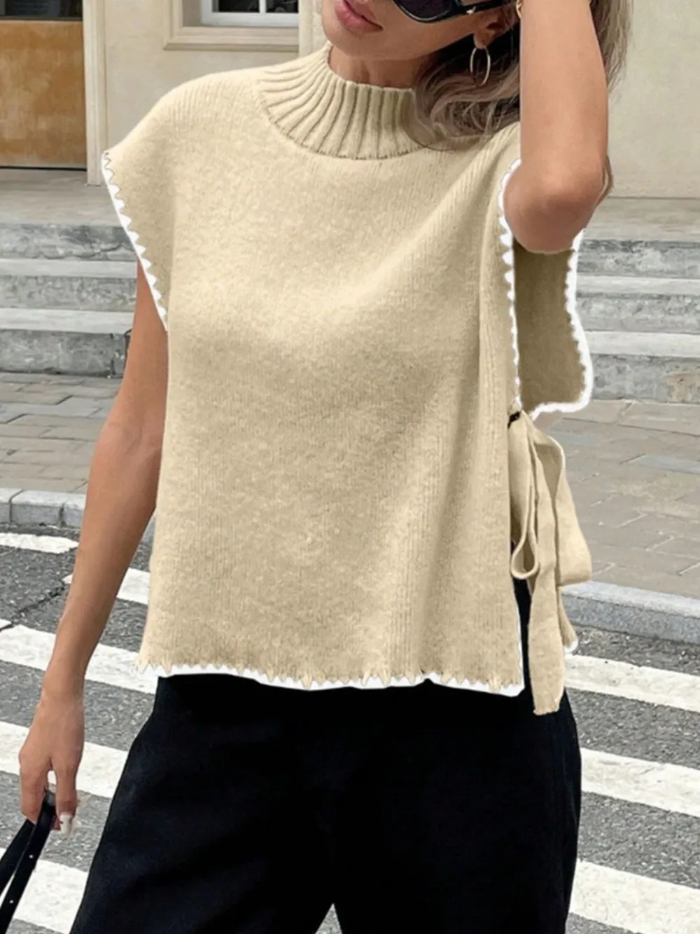Ribbed Turtleneck Sweater Vest with Contrast Trim, image 7