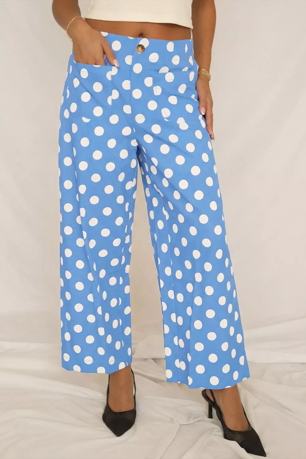 Polka Dot Print Patched Pocket Mid-rise Straight Leg Pants, image 3