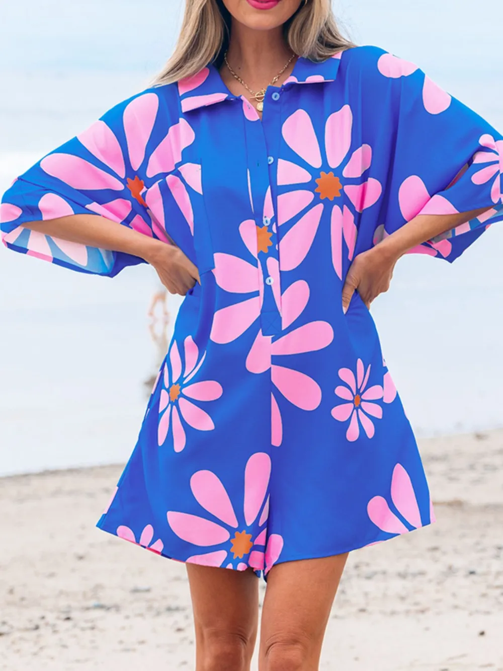 Summer Flower Print Shirt Collar Button Front Loose Romper, image 3