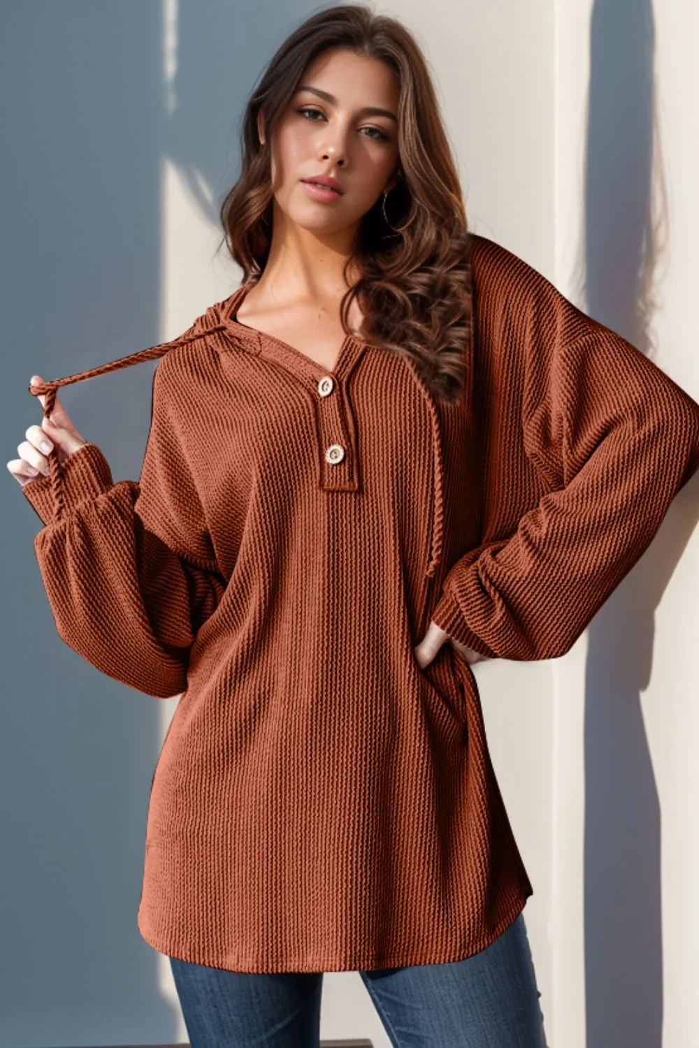 Full Size Half Button Long Sleeve Hoodie, image 4