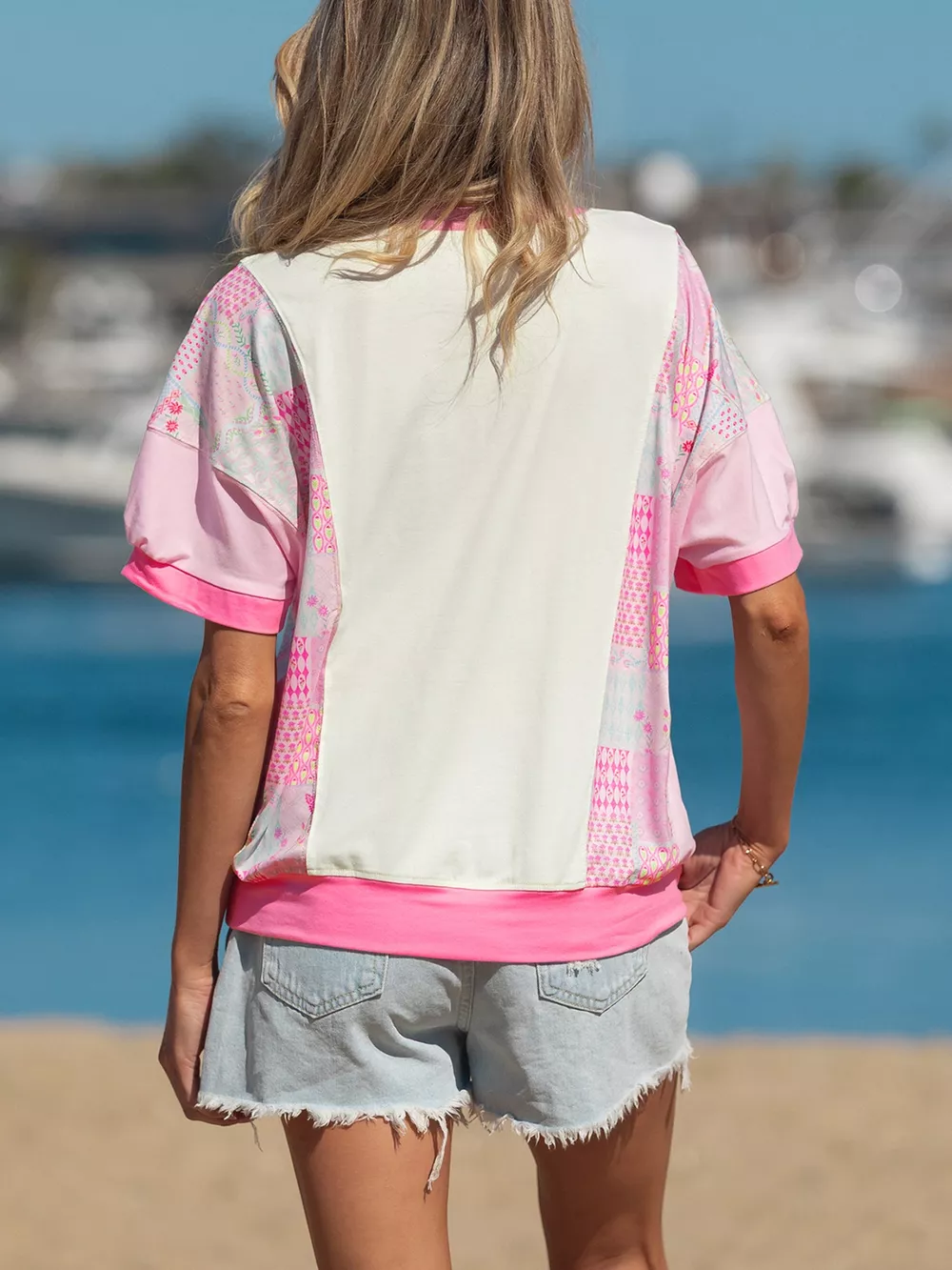Color Block Floral Patchwork Big Flower Accent Relaxed Top, image 3