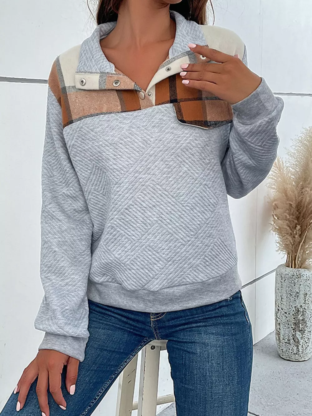 Color Block Texture Long Sleeve Sweatshirt, image 4