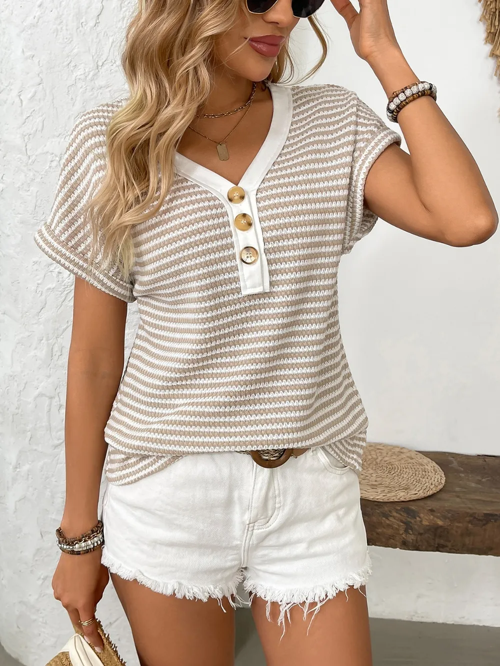 Striped V-Neck Short Sleeve T-Shirt, image 6
