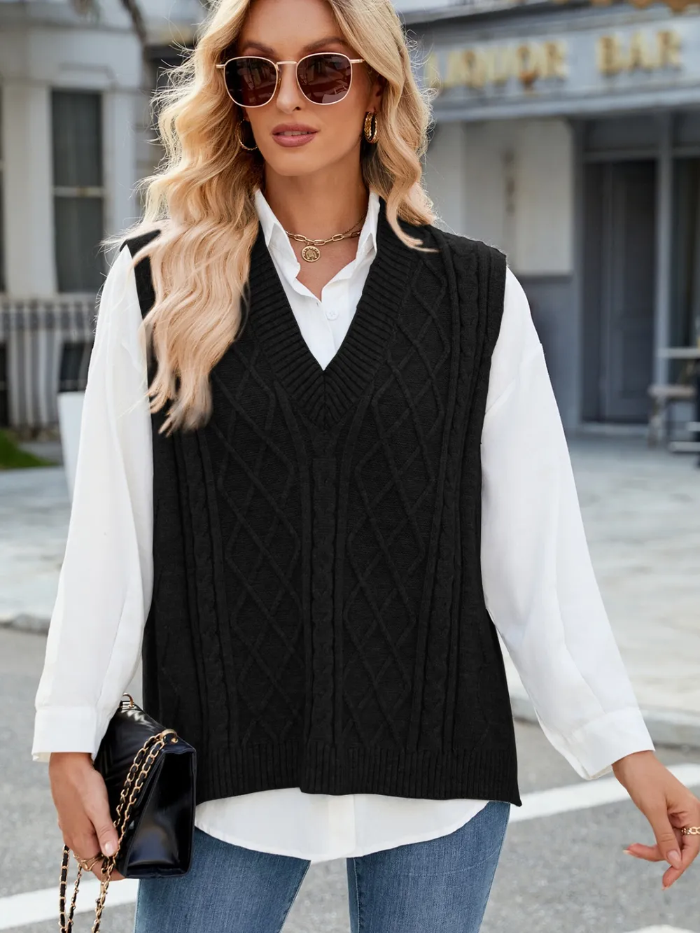 Cable Knit V-Neck Sweater Vest, image 4