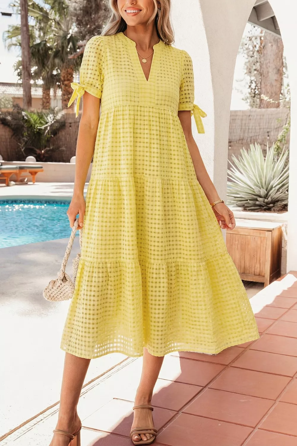 Gingham Textured Bow Tie Short Sleeve Tiered Midi Dress, image 2