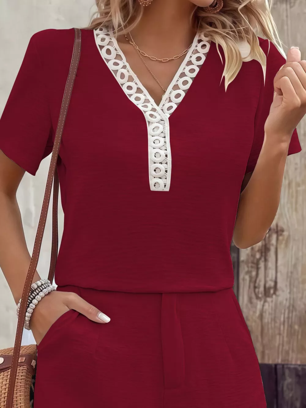 Lace Trim Short Sleeve Top and Shorts Set, image 17