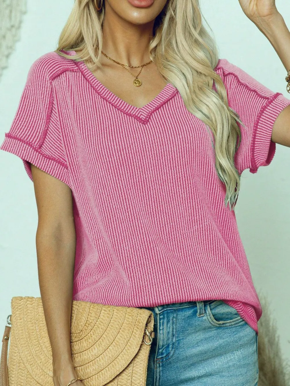 Exposed Seam V-Neck Short Sleeve Top, image 6