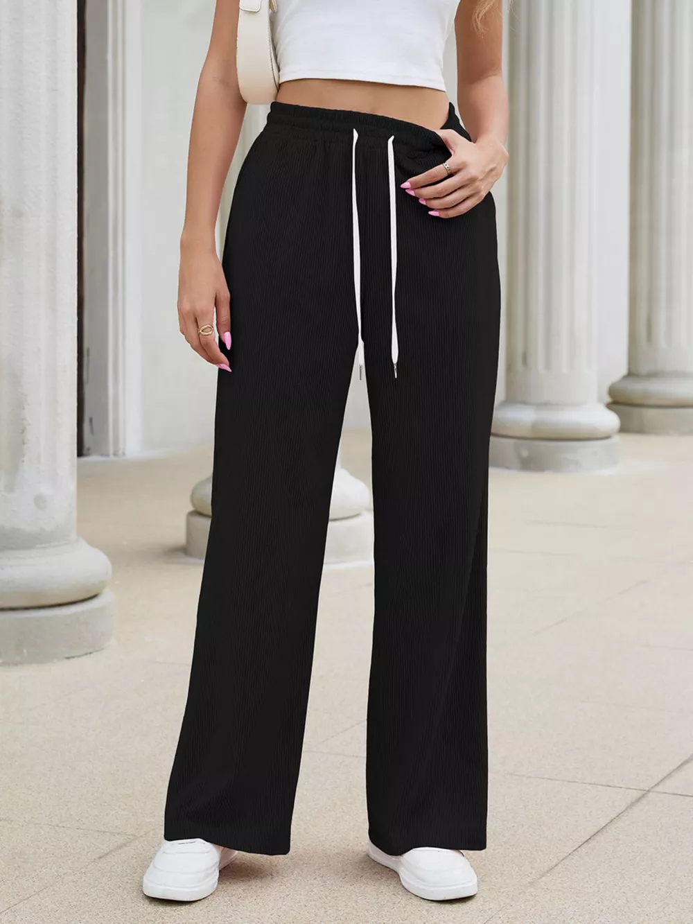 High-Waisted Drawstring Wide-Leg Casual Pants, image 2