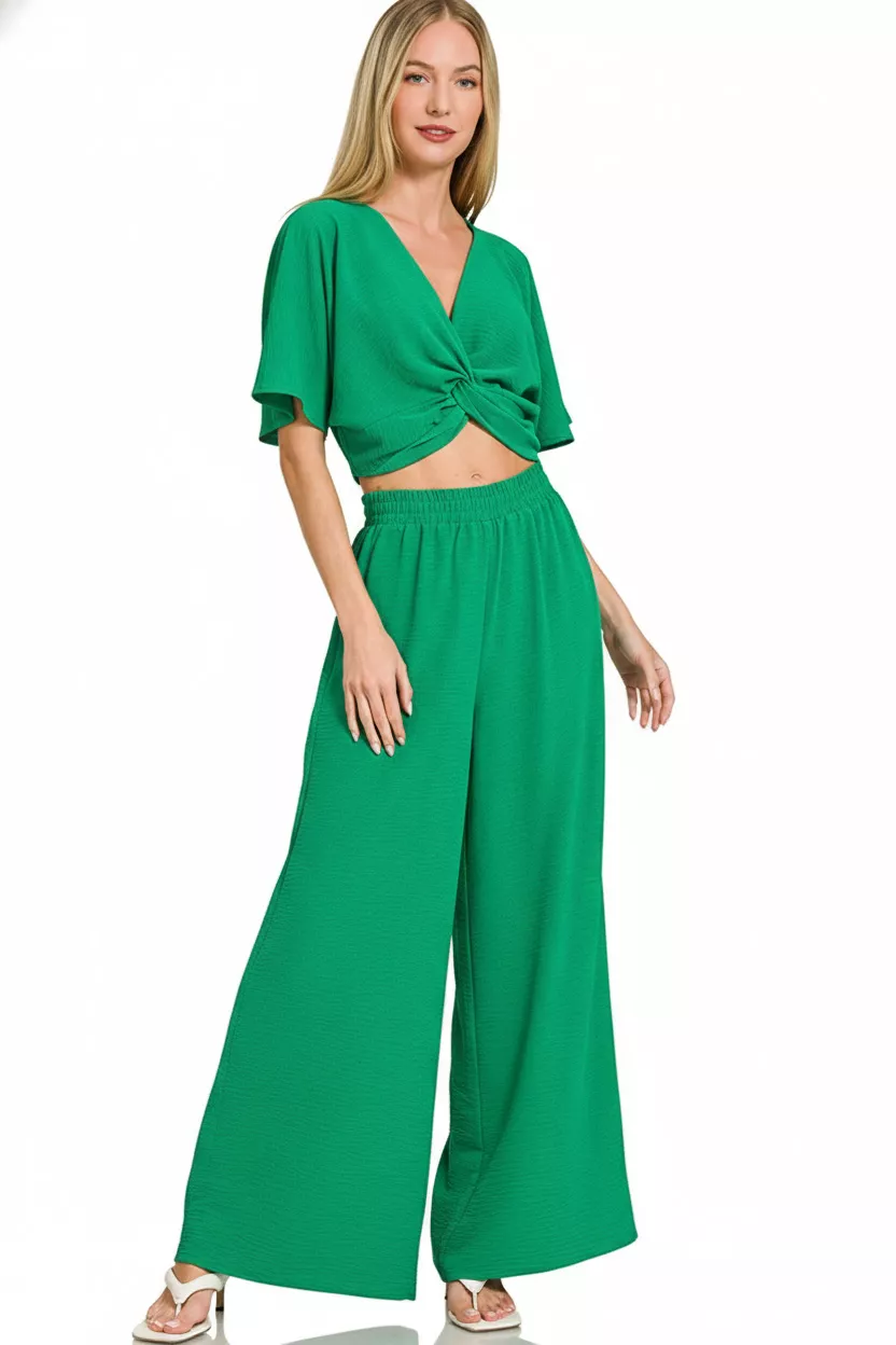 Woven Airflow Twisted Top & Wide Leg Pants Set, image 2