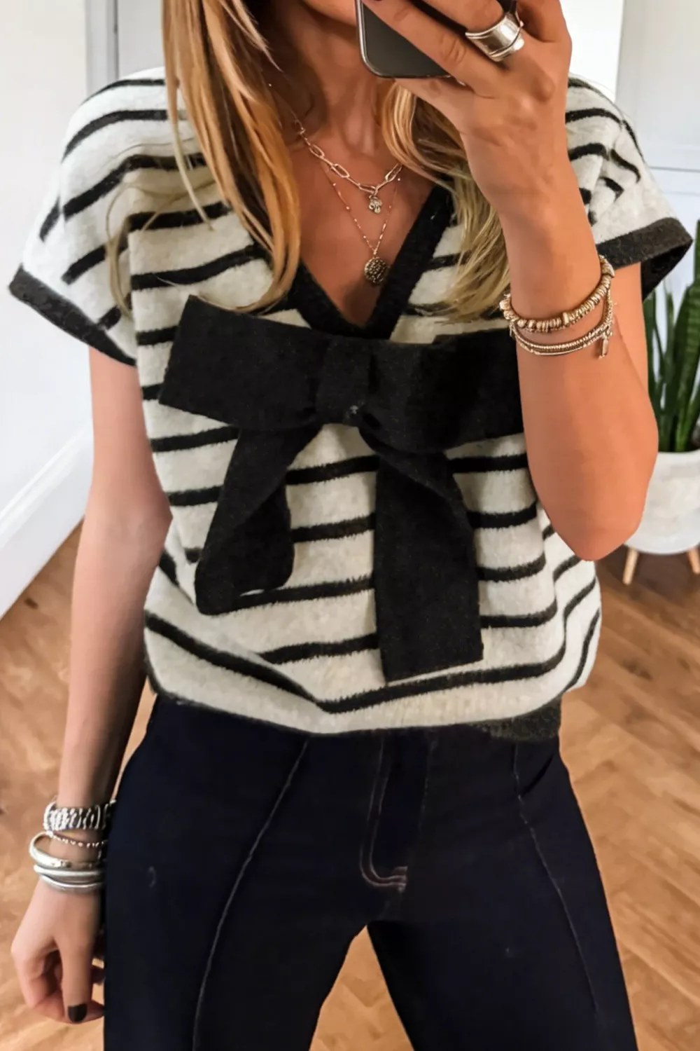Stripe Bow Applique Short Sleeve Sweater, image 2