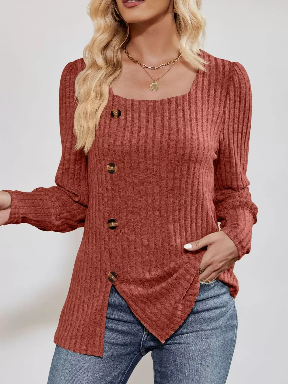 Ribbed Knit Slit Long Sleeve T-Shirt, image 2