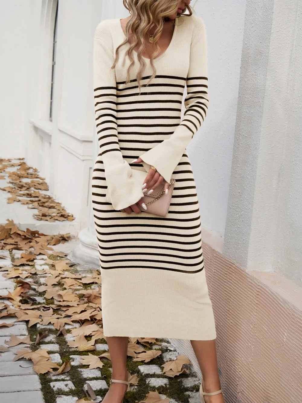 Striped V-Neck Long Sleeve Sweater Dress, image 11