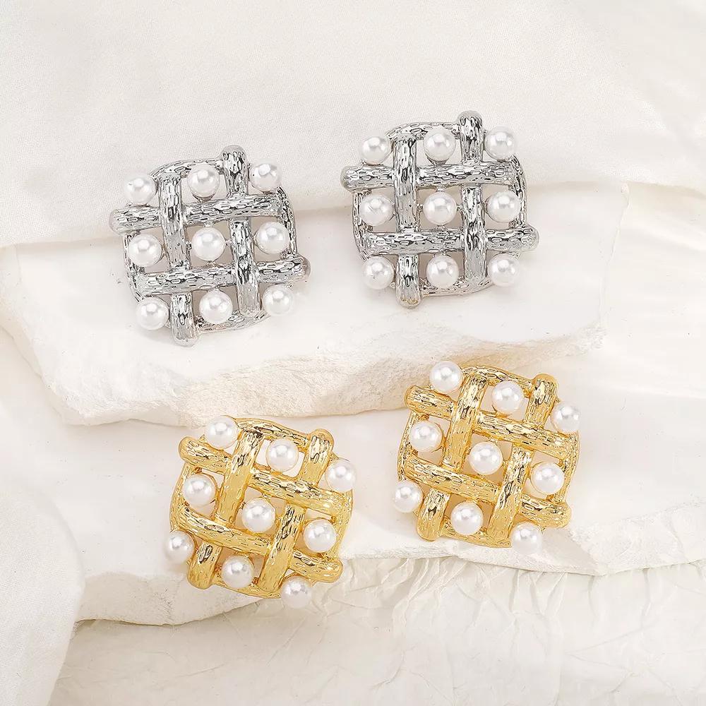 Pearl Grid Square Stud Earrings, image 3