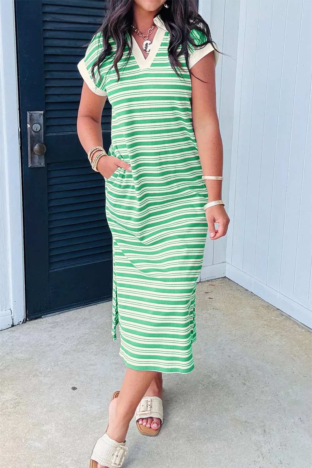 Stripe Collared V Neck Short Sleeve T Shirt Midi Dress with Pockets, image 4