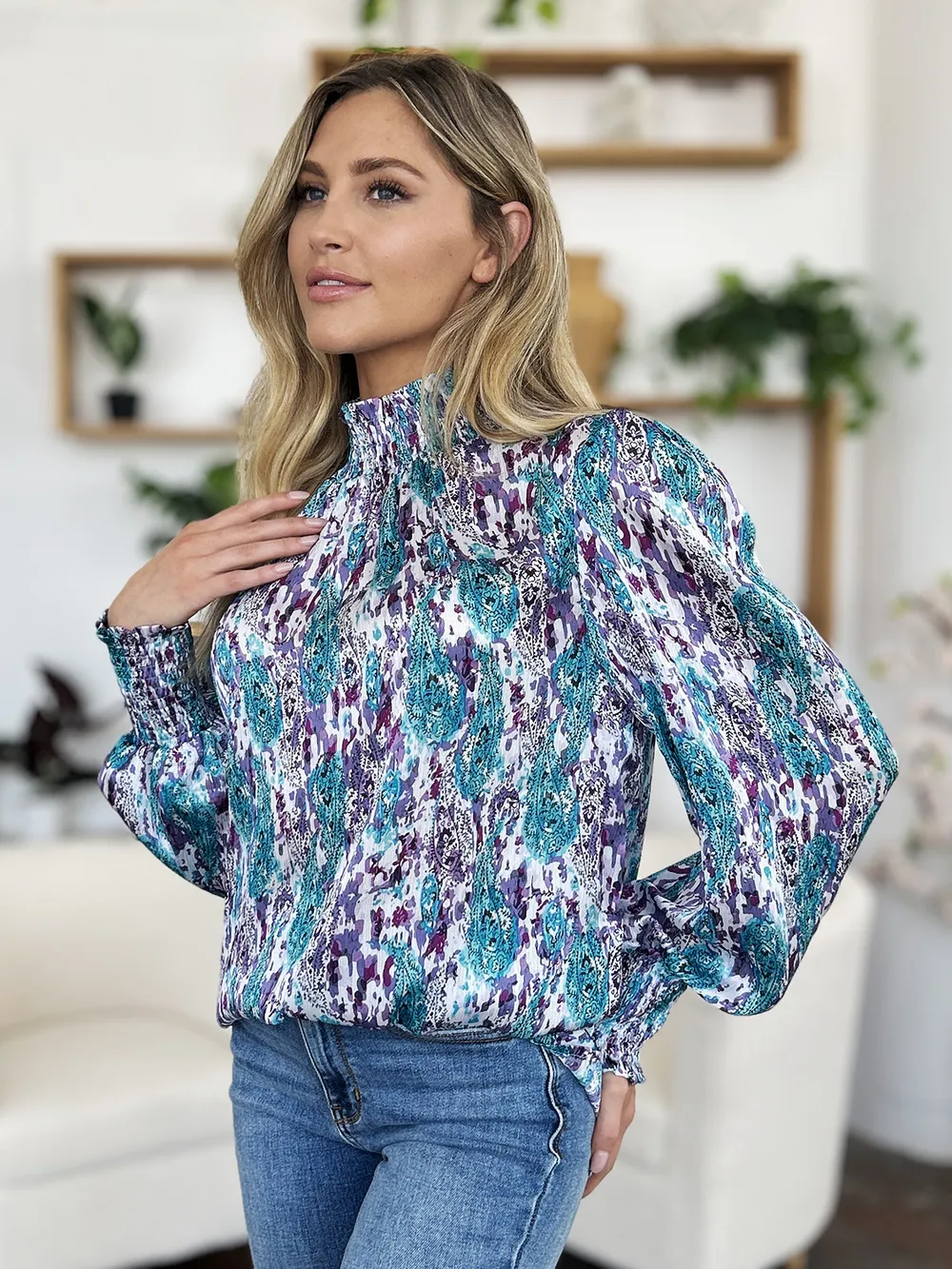Full Size Printed Smocked Long Sleeve Blouse, image 8