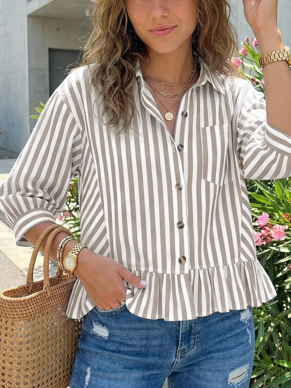 Striped Ruffle Hem Button-Down Shirt, image 19