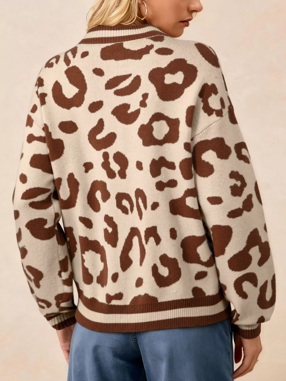 Leopard Knit Notched Casual Sweater, image 2