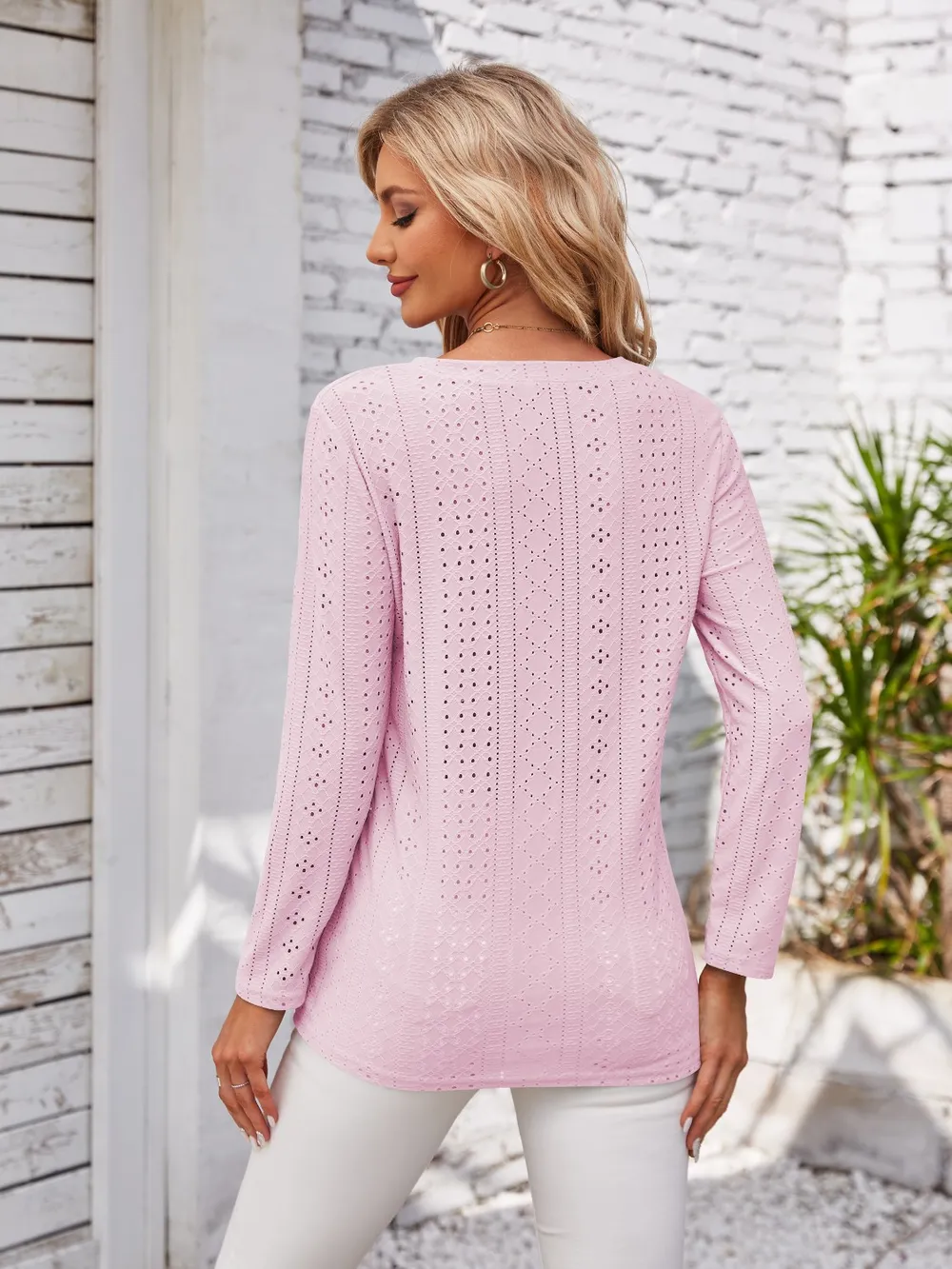 Decorative Button Openwork V-Neck T-Shirt, image 10