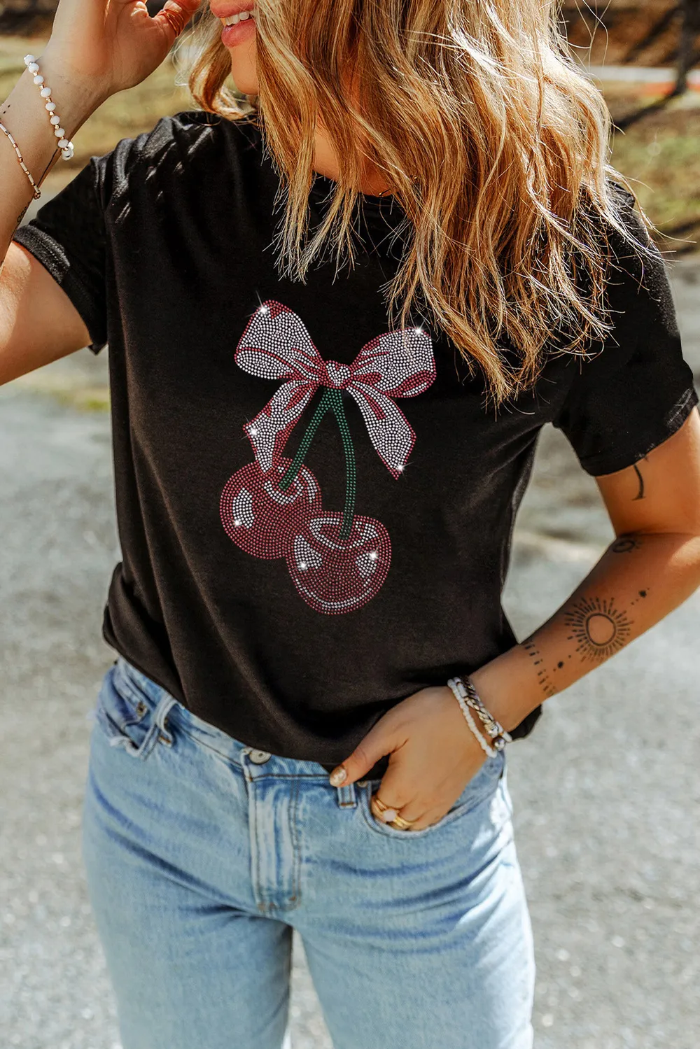 Cherry Graphic Round Neck Short Sleeve T-Shirt, image 5