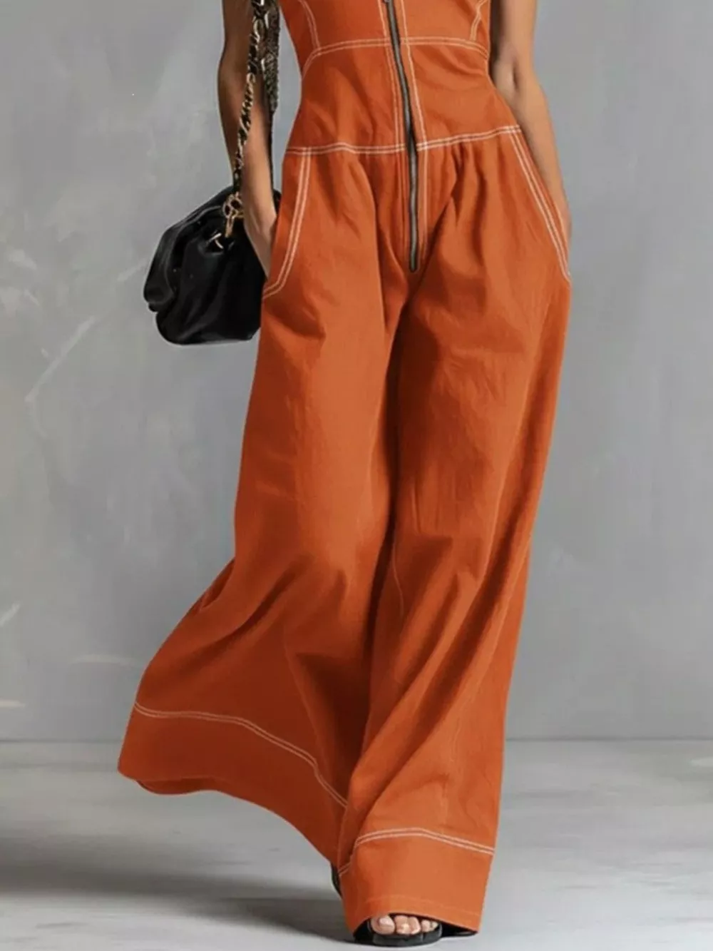 Zip Front Sleeveless Wide Leg Jumpsuit, image 8
