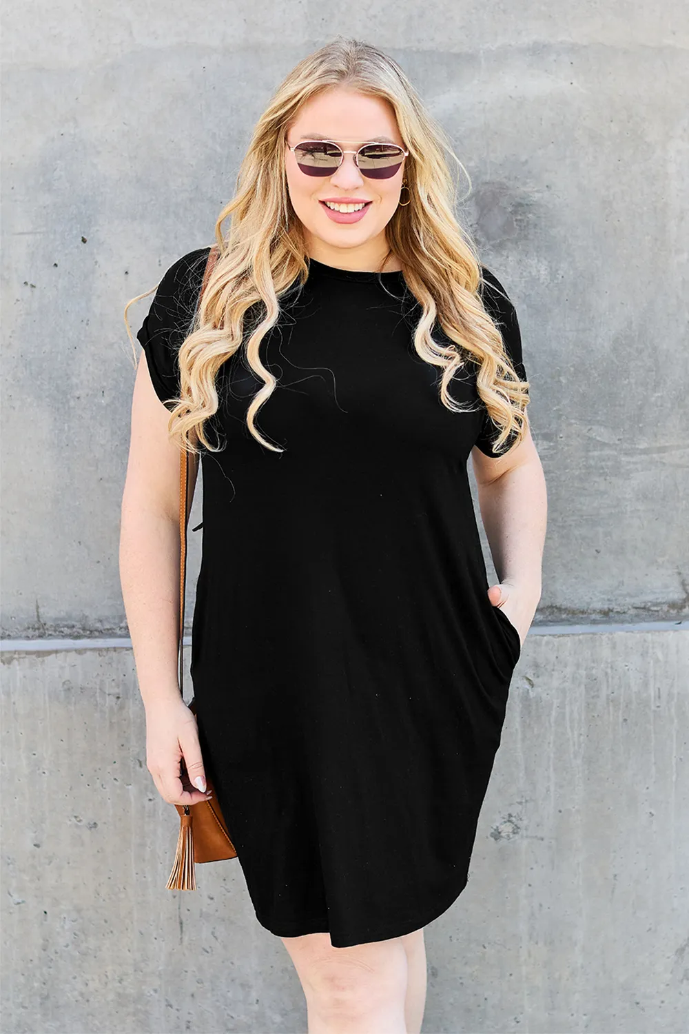 Bamboo Full Size Round Neck Short Sleeve Dress with Pockets, image 3