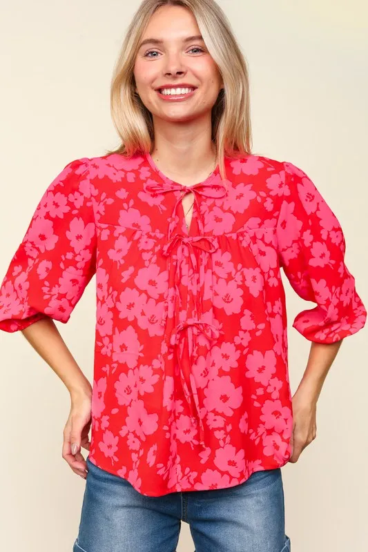 Full Size Ribbon Bow Floral Balloon Sleeve Blouse, image 6