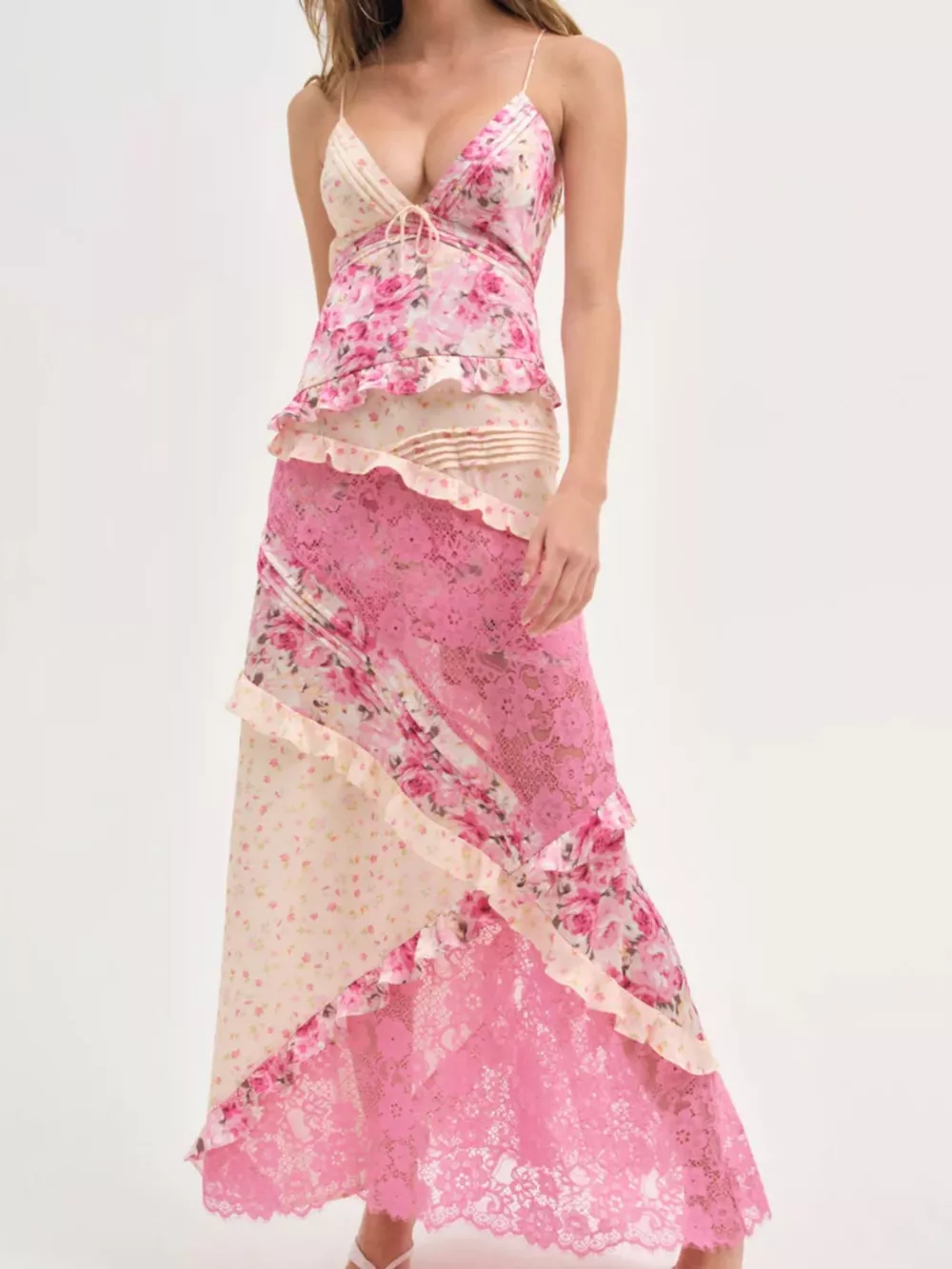 Lace Detail Ruffled Floral V-Neck Maxi Dress, image 8