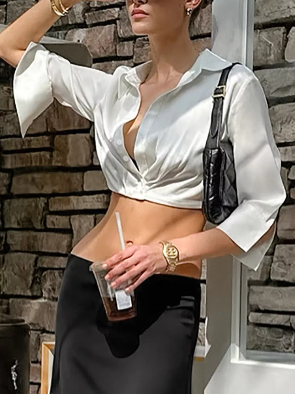 Collared Neck Long Sleeve Cropped Shirt, image 4