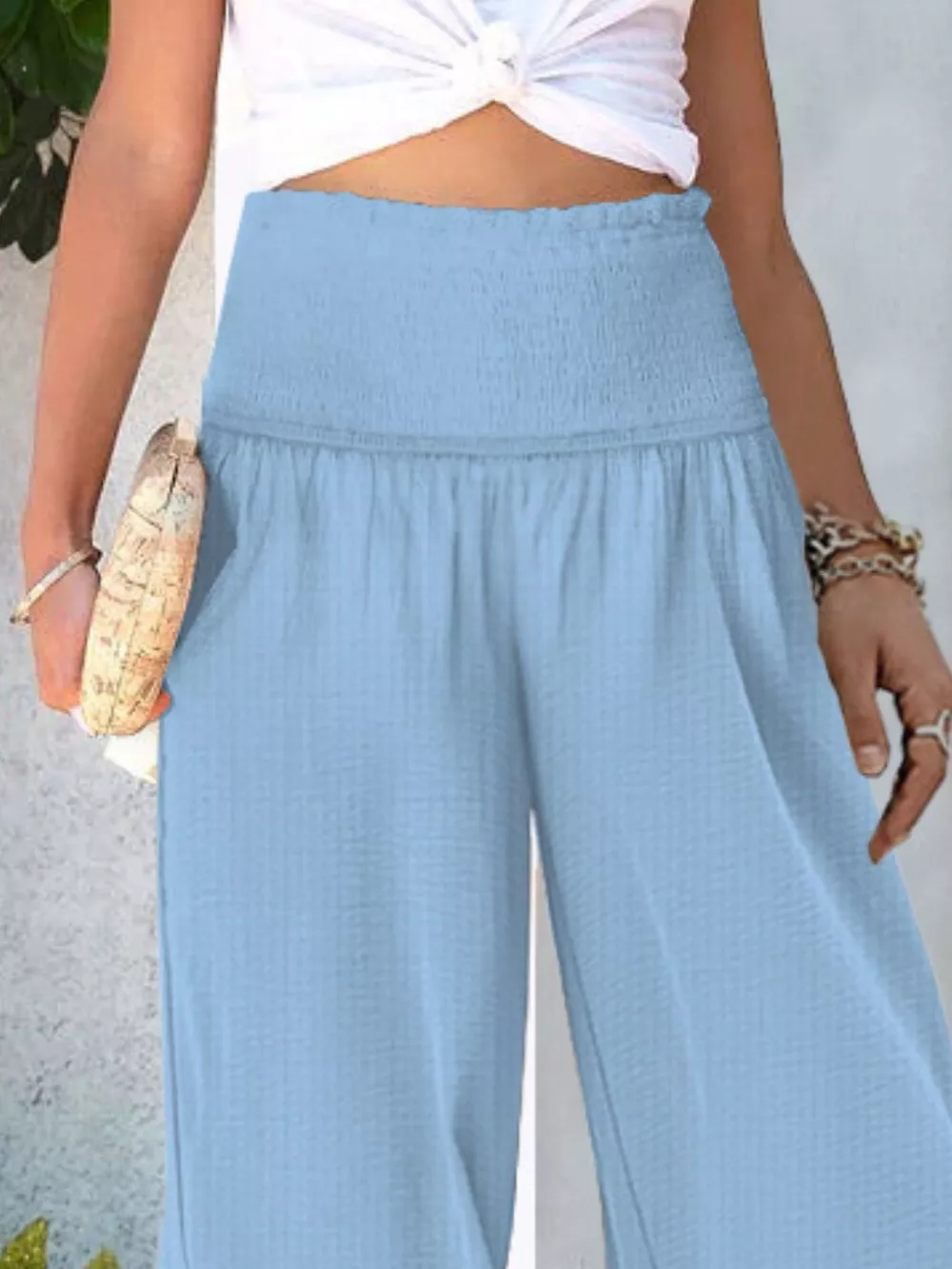 Wide-Leg Smocked Waist Pants, image 11