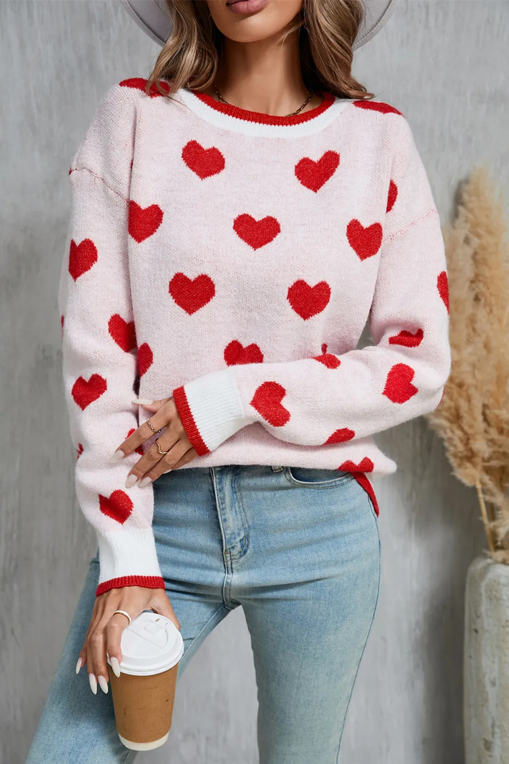 Contrast Trim Heart Round Neck Sweater, image 5