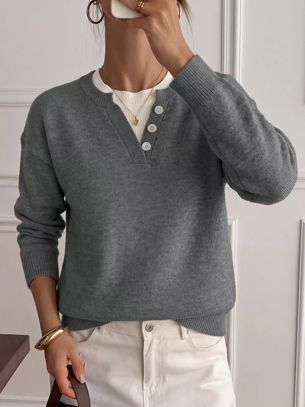 Dropped Shoulder Decorative Button Sweater, image 4