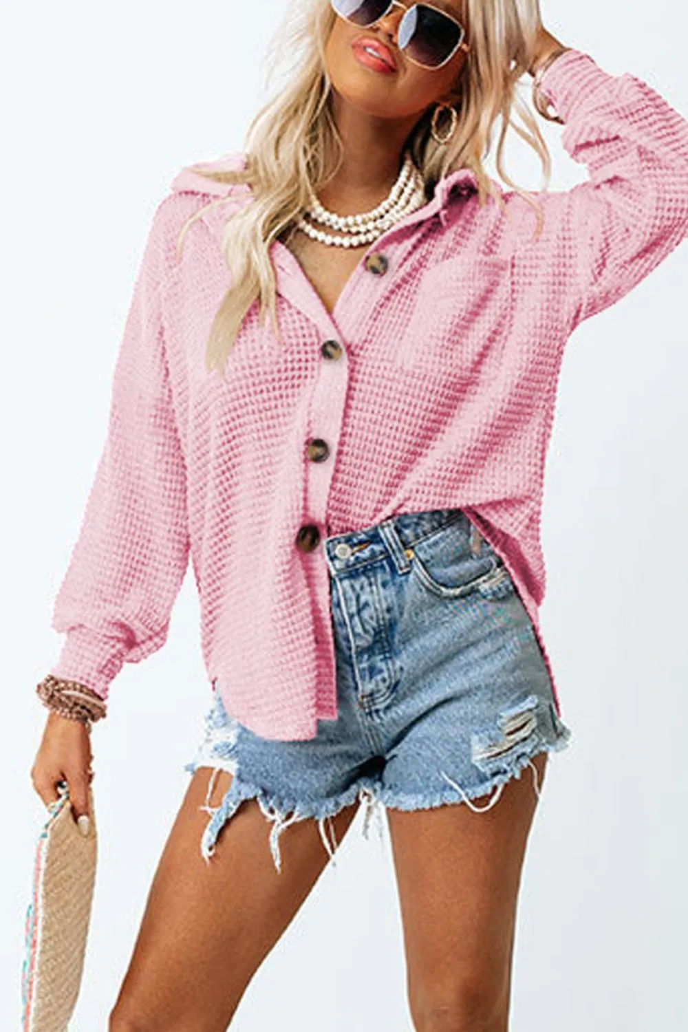 Waffle-Knit Collared Neck Long Sleeve Shirt, image 18