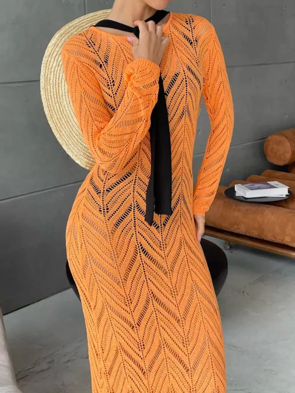 Openwork Long Sleeve Knit Cover Up Dress, image 12