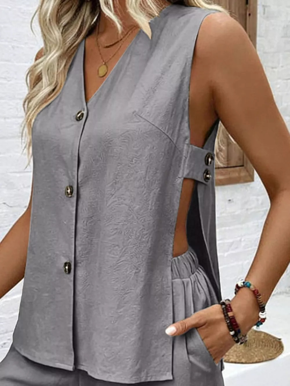 Sleeveless Button-Down Top and Shorts Set, image 9