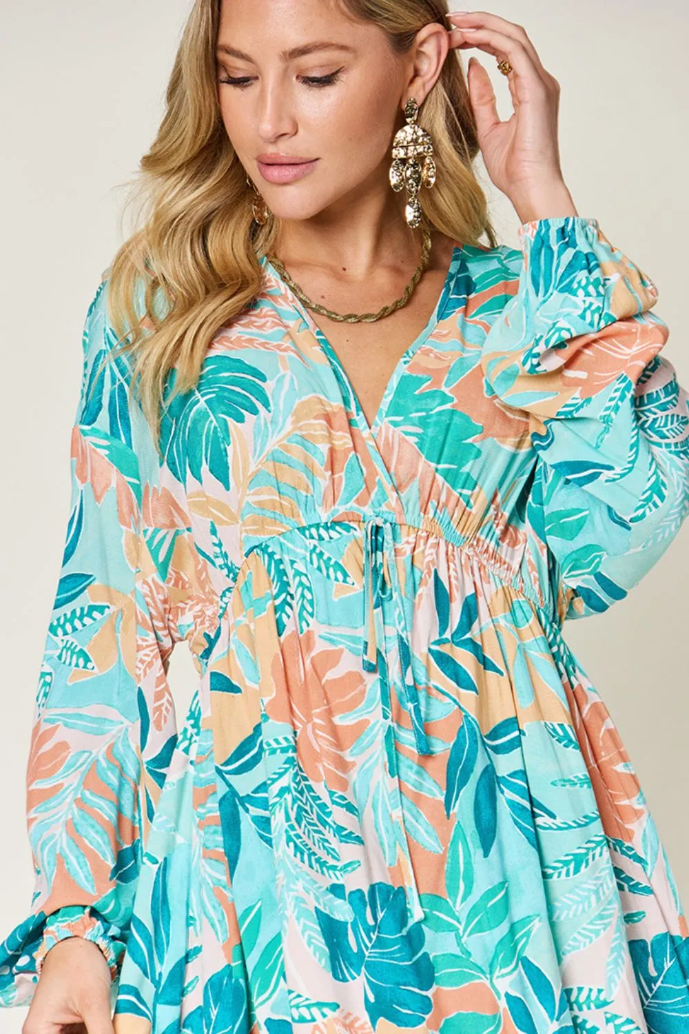 Full Size Printed V-Neck Drawstring Dress, image 2