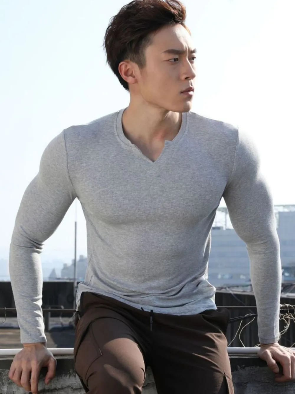 Men's Plus Size Notched Long Sleeve T-Shirt, image 2