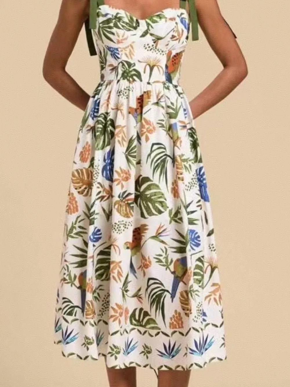 Tropical Print Tie-Shoulder Sweetheart Neck Midi Dress, image 4