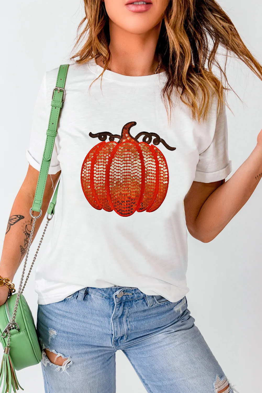 Full Size Sequin Pumpkin Round Neck Short Sleeve T-Shirt, image 4