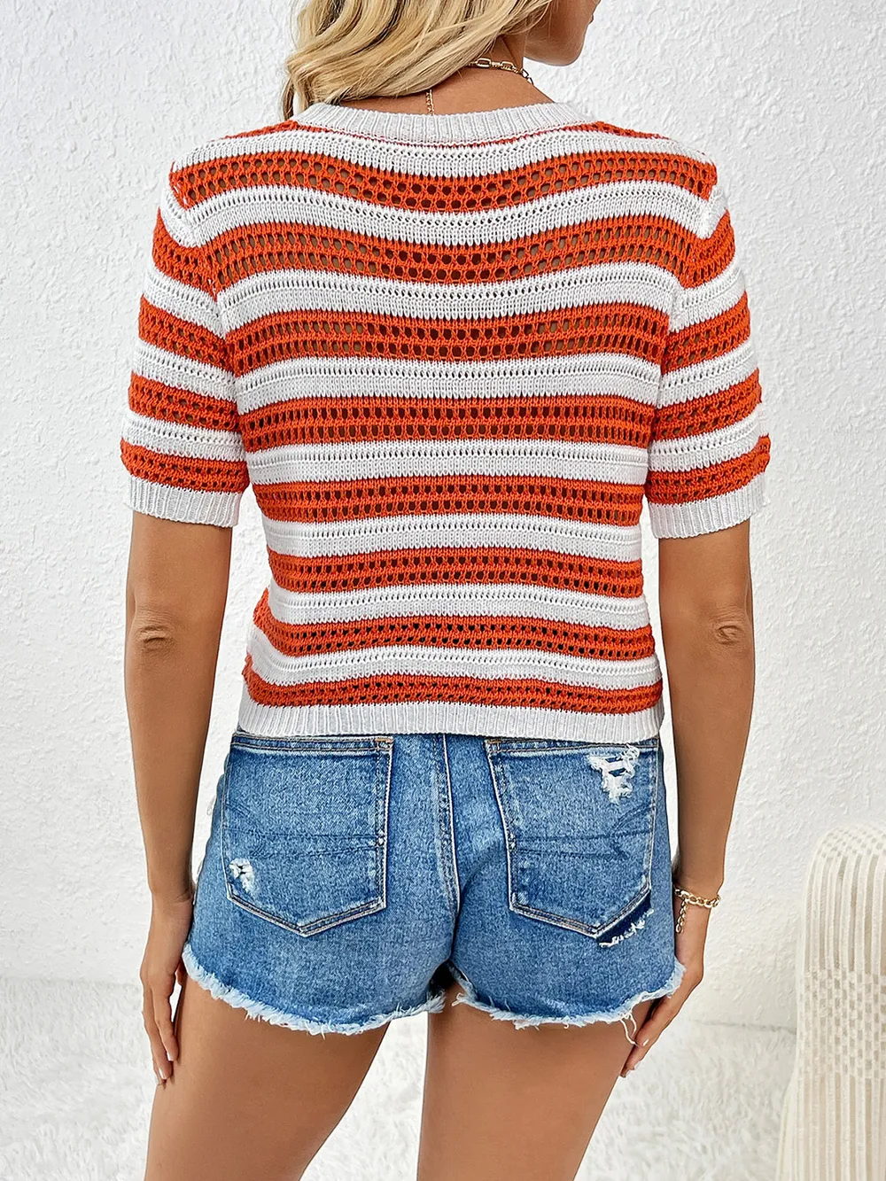 Openwork Striped Round Neck Short Sleeve Knit Top, image 3